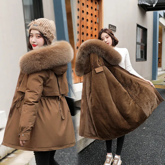 Women Parka Fashion Long Coat Wool Liner Hooded Parkas 2024