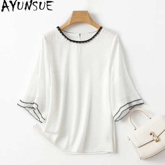 AYUNSUE 92% Natural Mulberry Silk Womens Shirts Summer 2024 Women Short Clothes Embroidery Shirt Women Fashion Топ Женский