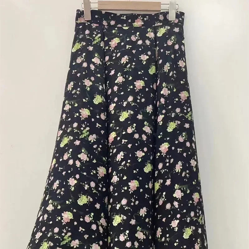 Women Skirt 100% Viscose Floral Letter Printed Prairie Chic High Waist Ladies Midi Jupe with Pockets Spring Summer 2024 New