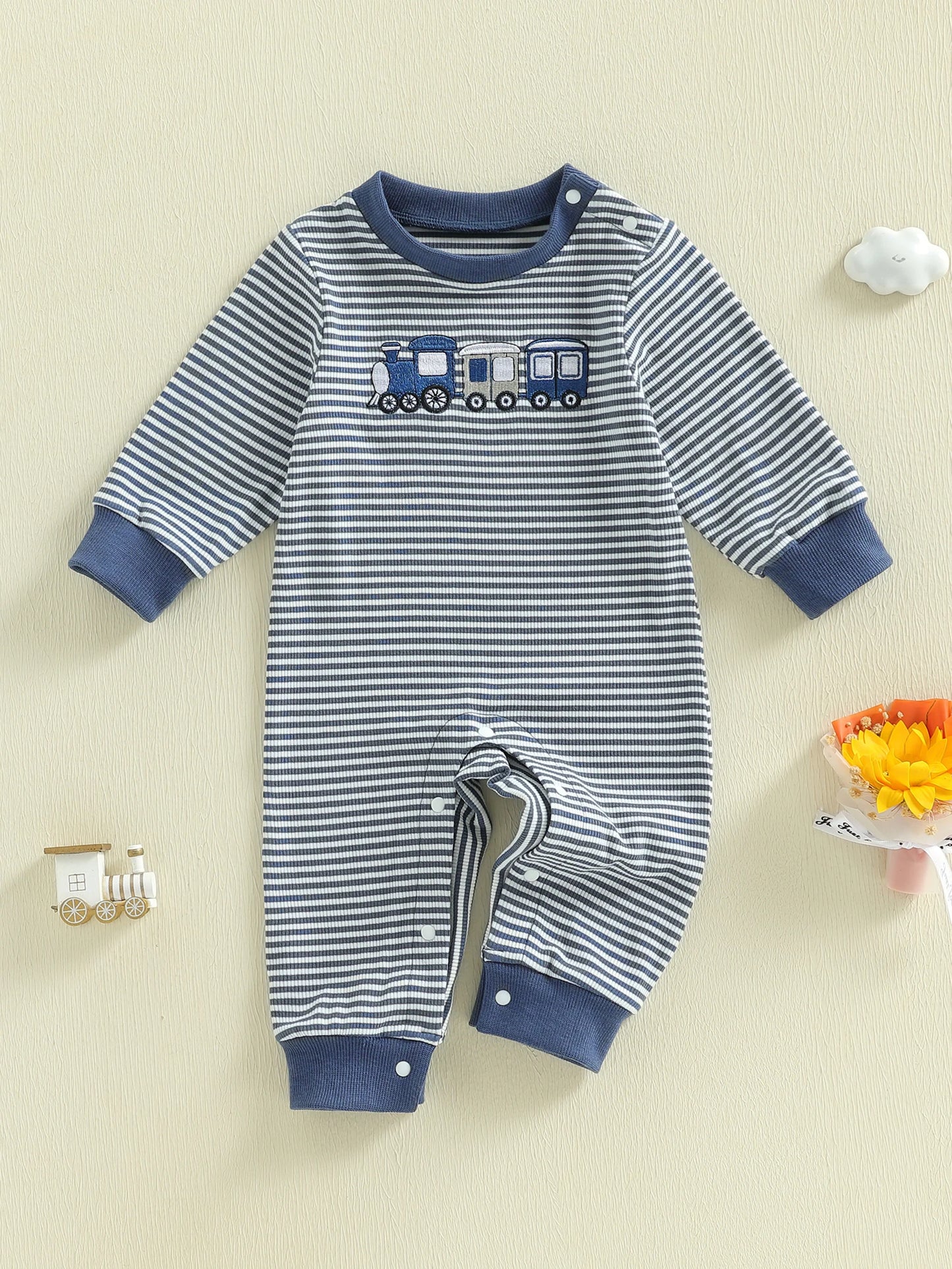 Toddler Boys Train Embroidered Striped Playsuit - Long Sleeve Romper — view 1 of toddler rompers