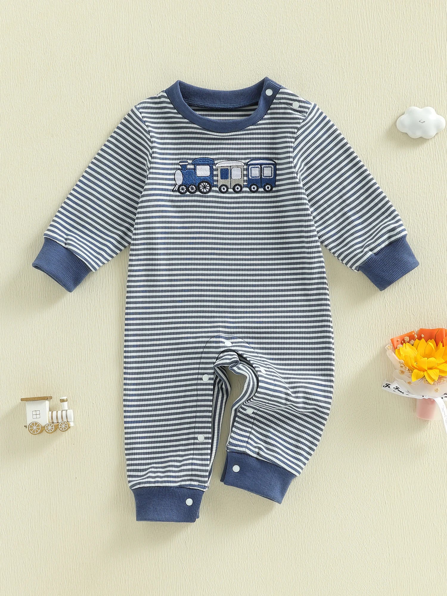 Toddler Boys Train Embroidered Striped Playsuit - Long Sleeve Romper — view 1 of toddler rompers