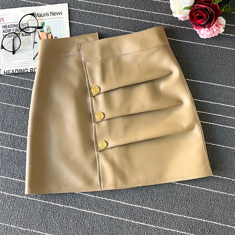 Genuine Leather Sexy Mini Skirt Women Spring Green/White Fashion High Waist Buttons Retro A-line Button Skirt