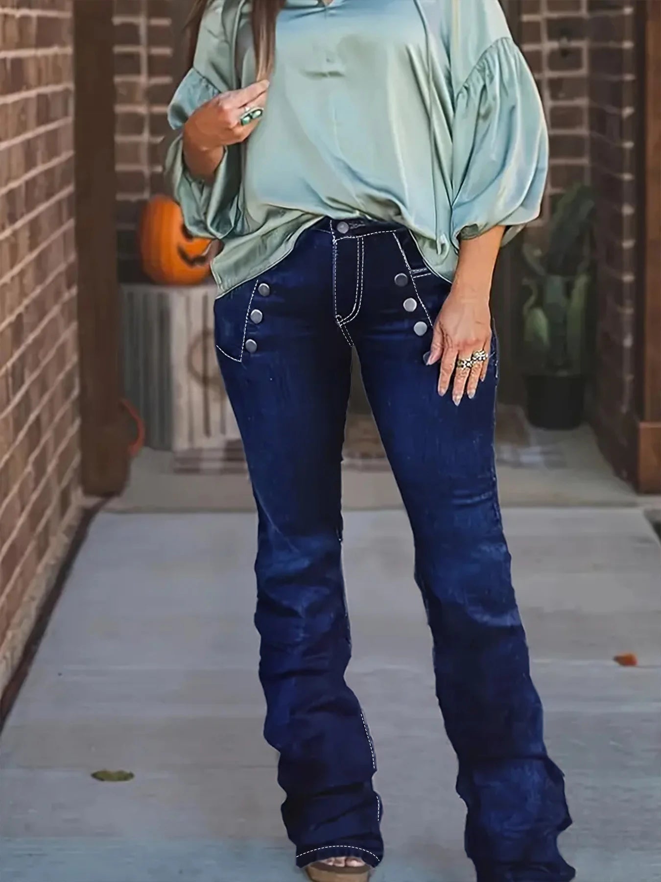 Plus-Size Blue Flare Jeans — Double-Row Button Contrast-Stitch Stretch Denim — detail view