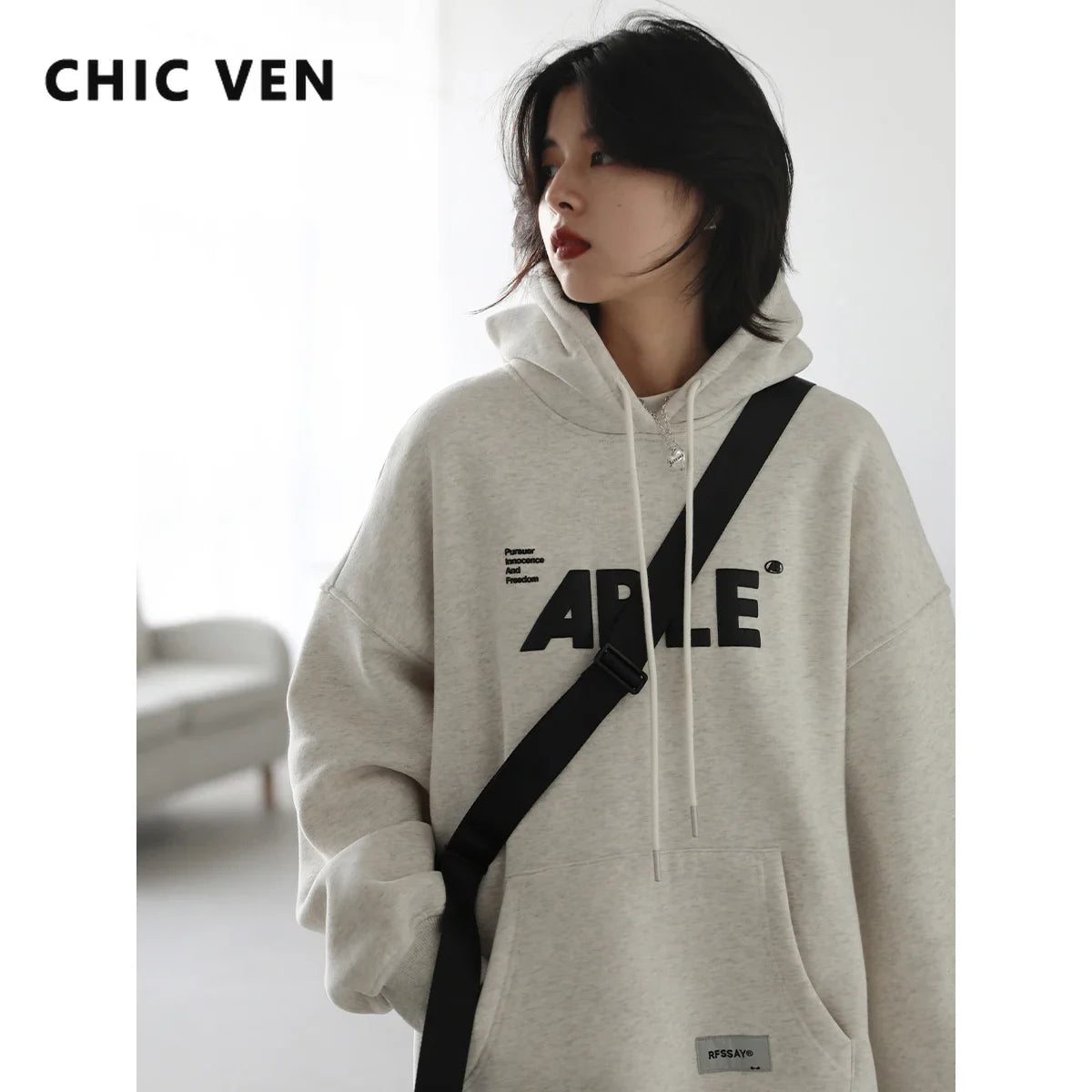 CHIC VEN Women Hoodies Sweatshirts Loose Warm Thick Fleece Streetwear Casual Letter Sport Coat Female Autumn Winter Clothes 2022