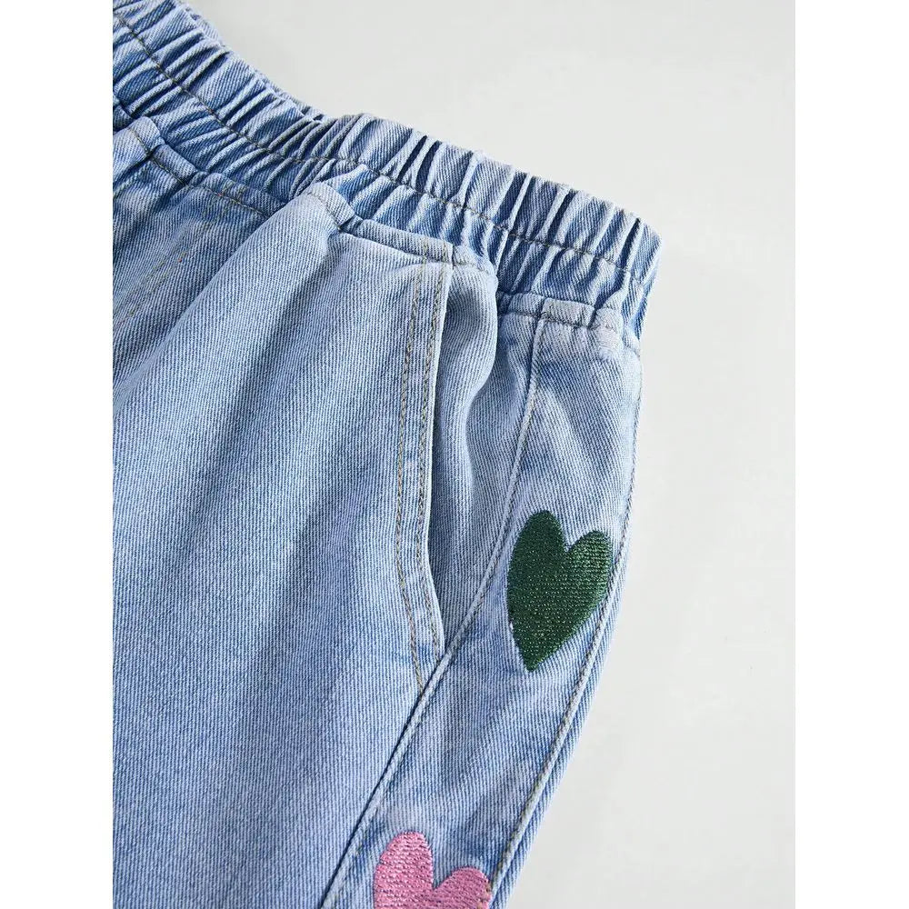 Heart Embroidered Wide-Leg Jeans — Elastic-Waist Slant-Pocket Casual Denim — back view
