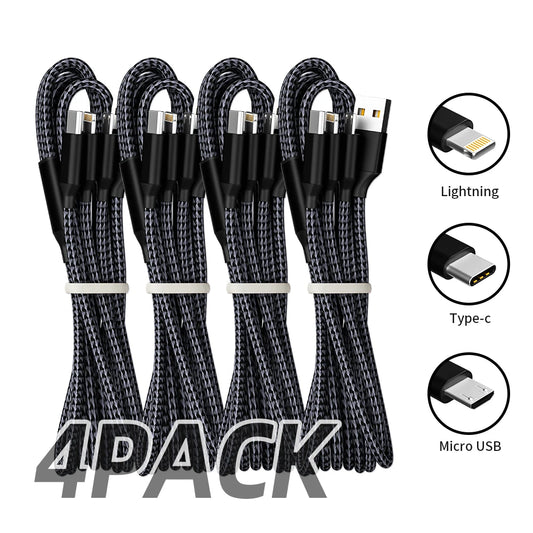 4pcs 3-in-1 Nylon Braided Multi-Charge Cable — Lightning + Type-C + Micro USB — view 1 of chargers & cables