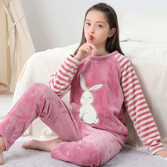 Winter Children's Pajamas Kids Plush Thick Pajama Set Sleepwear Nightwear Boy Girl Pyjamas Warm Rabbit Pijamas for 6 10 14 Years