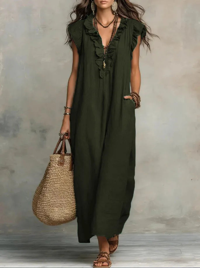 Women's Boho Linen-Blend Ruffle Maxi Dress, V-Neck & Pockets — view 8 of dresses