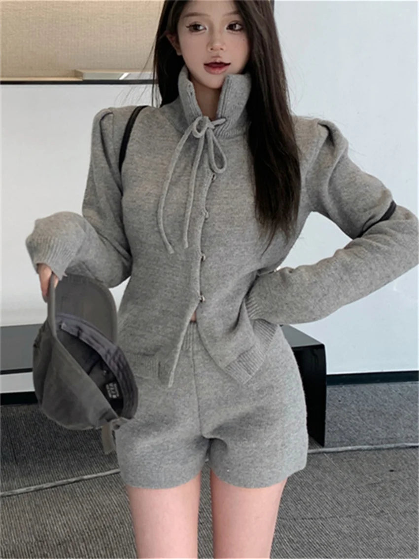 Alien Kitty Women’s Knitted Office Suit – Elegant Full Sleeve Sweater & Loose Shorts for Spring 2024