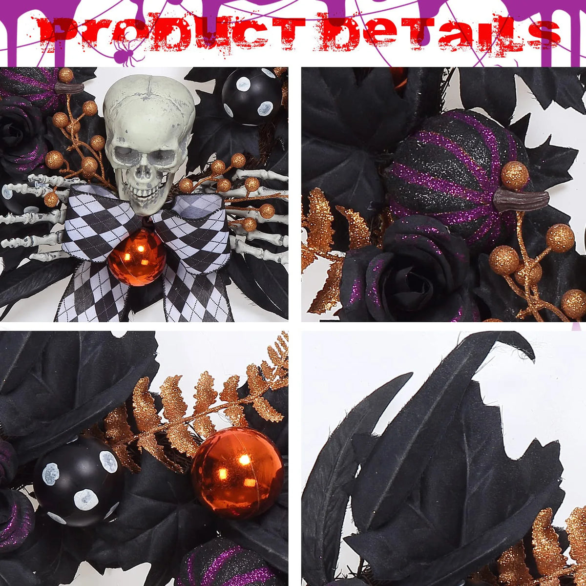 20-Inch Gothic Skeleton Halloween Wreath with Skulls & Pumpkins — product photo 3