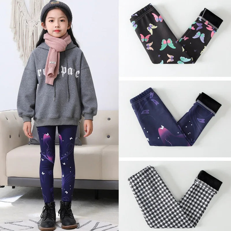 Baby Girls Leggings Winter Warm Plus Velvet Thicken Pants Stretchy Kids Leggings Printing Flower Age 2-12Y