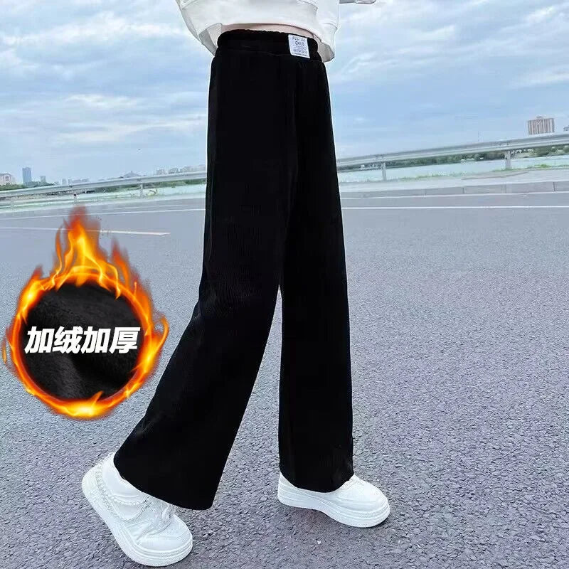 Girls Pants Autumn Winter Casual Loose Black Pink Color Kids Wide Leg Pants School Teenage Children Trousers 6 8 10 12 14 Years