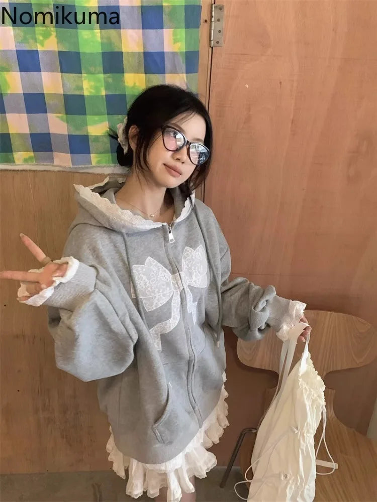 Gray Fashion Hoodie Women's Clothing Embroidery Bow Hooded Zipper Hooded Jackets Streetwear Casual Y2k Sweatshirts Ropa Mujer