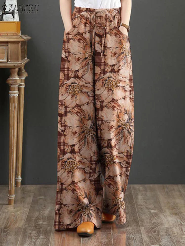 ZANZEA Bohemian Floral Printed Pants Autumn Fashion Wide Leg Vintage Elastic Palazzo 2024