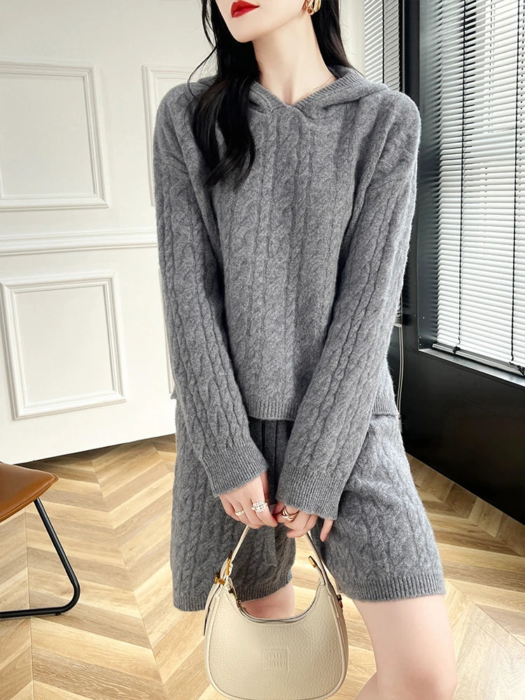 High Quality Suit Spring Autumn 100% Pure Wool Knitted Hoodie Women's Pullover Sweater And Short Pants Two-Piece Female Clothing