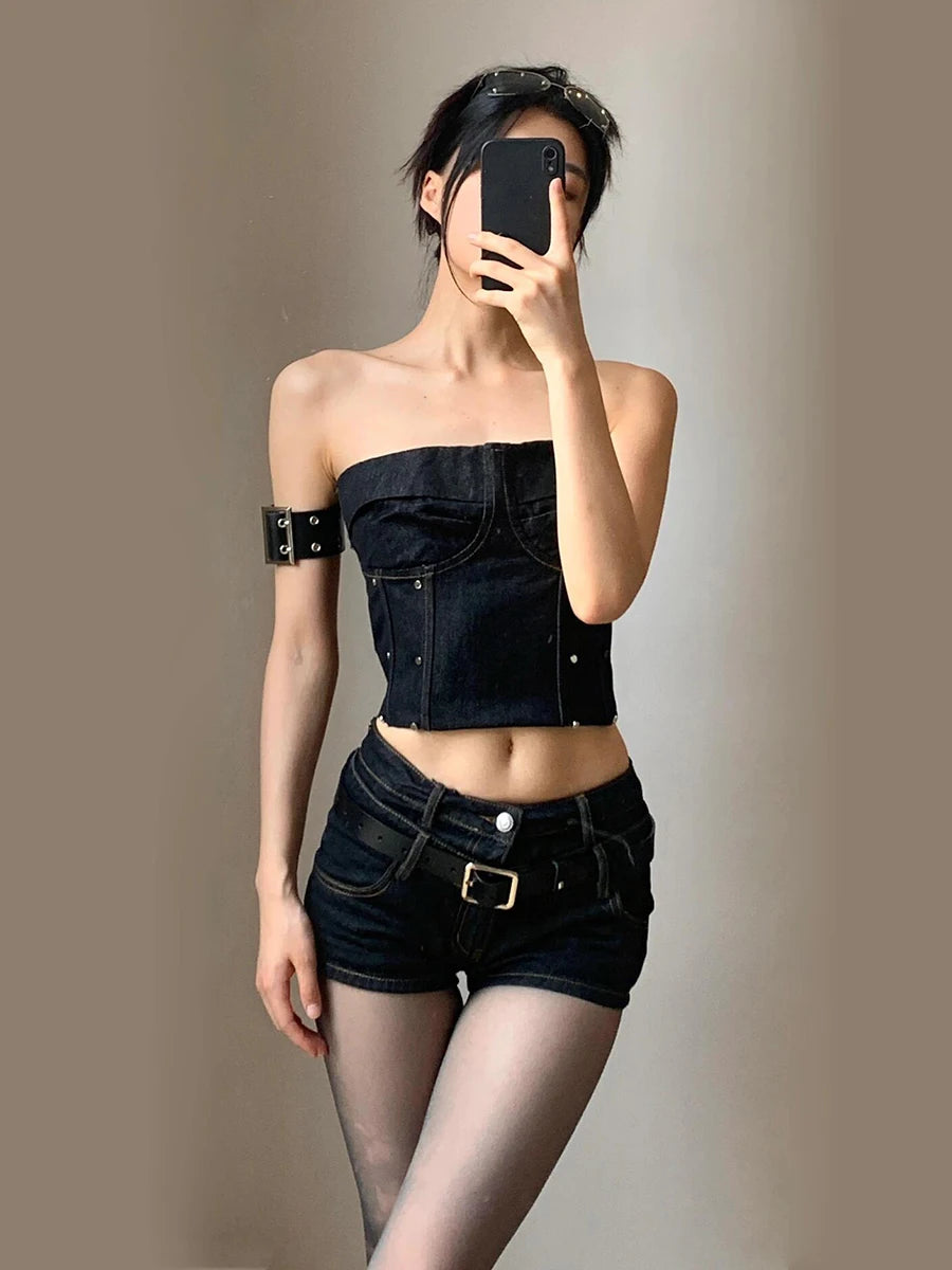 RORORIRI Steampunk Studded Corset Top Denim Shorts Women 2-piece Set Low Rise Short Pants Spliced Tube Top Retro Y2k Streetwear