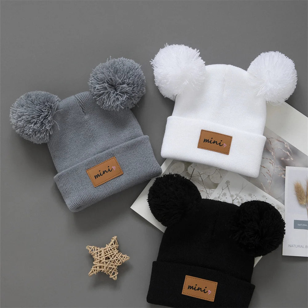 3pcs Infant Knit Beanie Bundle - Heart-Pompom Stretchy Caps in Mixed Colors — view 4 of baby hats