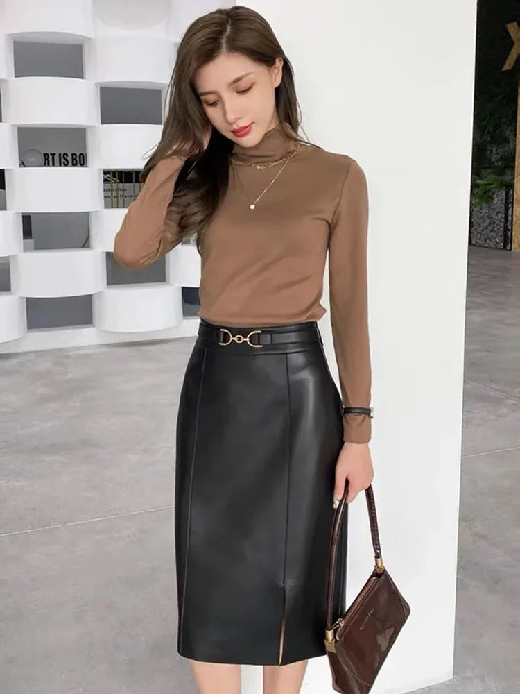 Korean Fashion Genuine Leather Skirts Womens 2024 New Office Ladies Pencil Midi Skirt High Waist