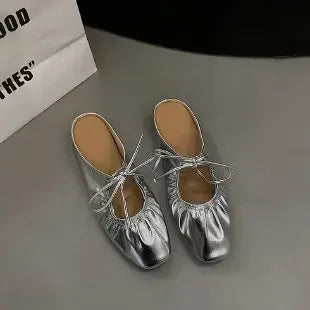 Flats & Ballet — Leather Metallic Ballet Flats, Silver Gold Bling Round-Toe Party Flats — view 7 of flats & ballet