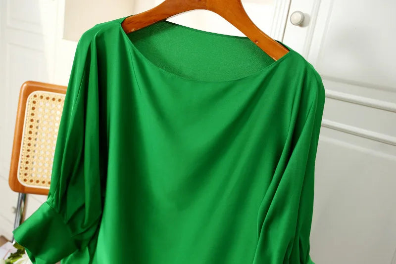 BirdTree, 93%Real Silk OL Enthusiastic Shirt, Women's Slash Neck 3/4 Sleeve, Loose Satin Blouse, 2024 Spring Summer Top T45395QM