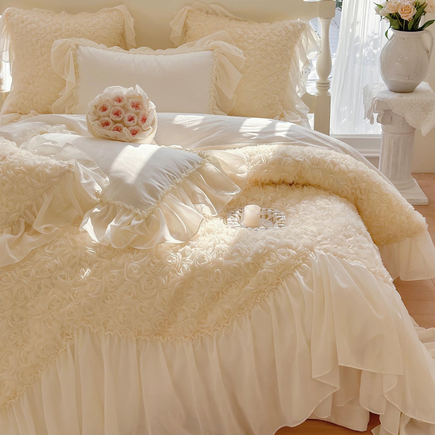 Princess Cotton Bedding Set, 3D Rose Duvet Cover Sets with Bed Skirts,Cream White Rose Design Bedding 4pcs, Skin-friendly Fabric