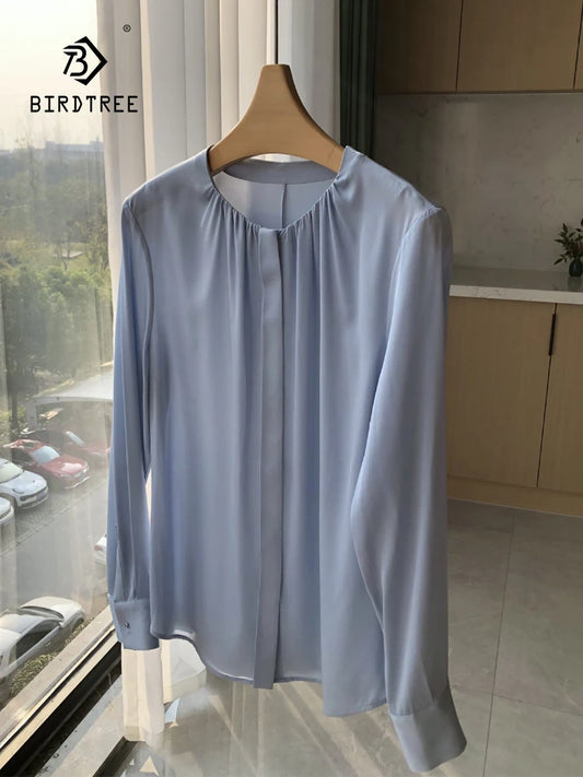 Birdtree 19.7MM 92.4%Mulberry Silk Smooth Shirt Women Long Sleeve Classic Solid O-Neck Simplicity Shirt 2024 Spring T3D7105QC