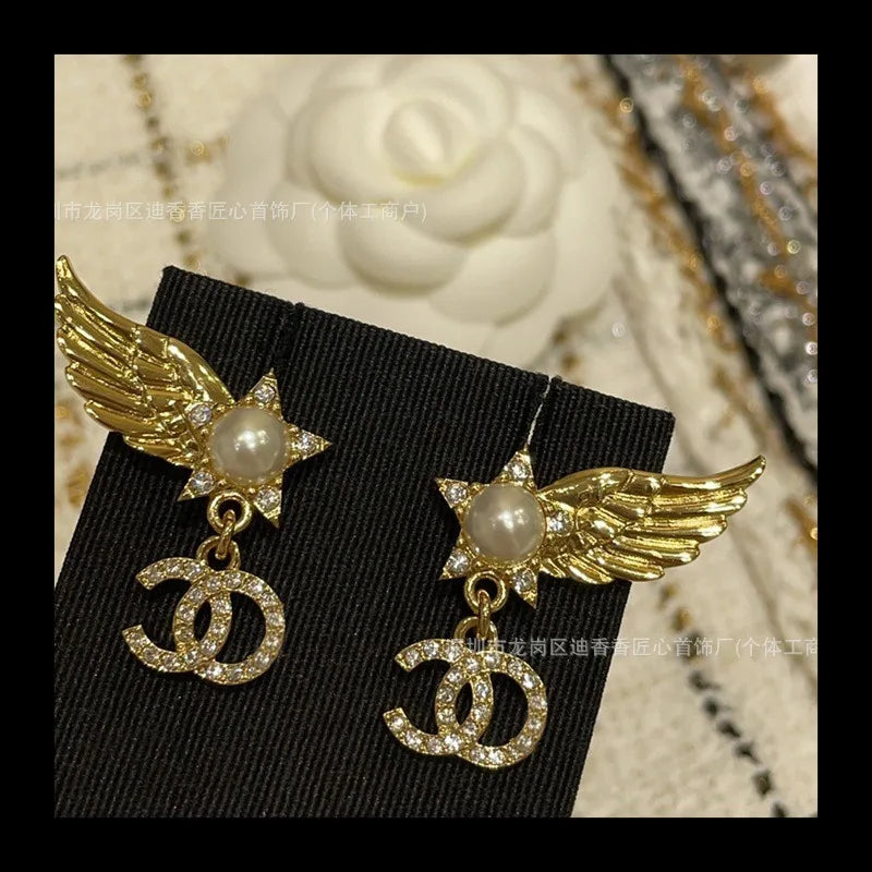 Pearl Tassel Wings Stud Earrings — Classic Rhinestone Light-Luxury Diamond Style — view 2 of earrings
