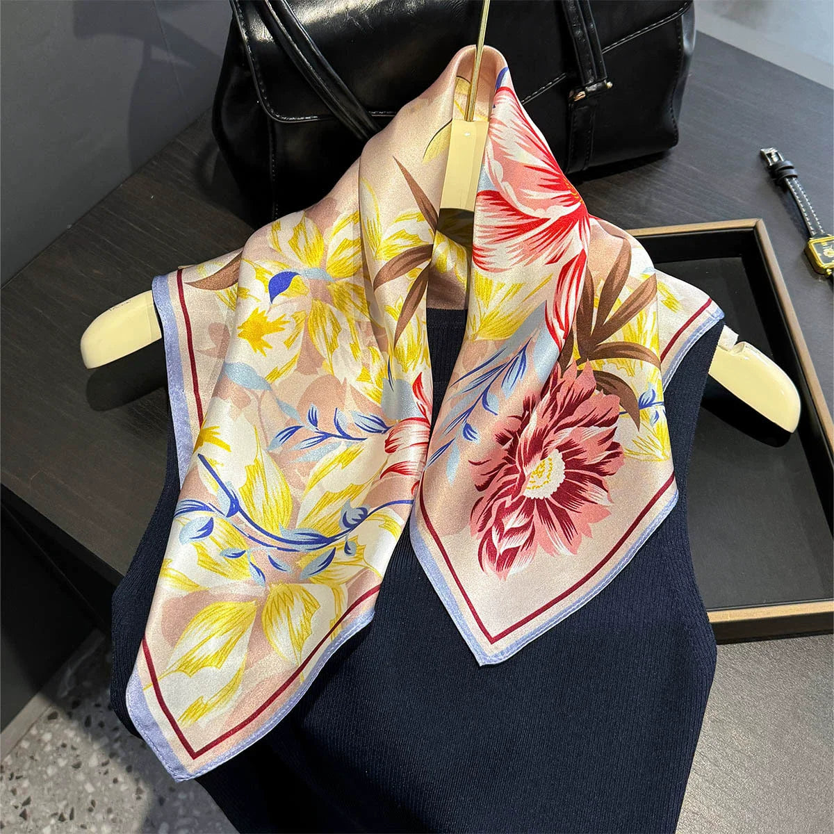 Silk Scarf Small Square 2026 Pashmina — 53×53cm Geometric Trending Palette Bandana Hair Scarf — view 7 of scarves & wraps