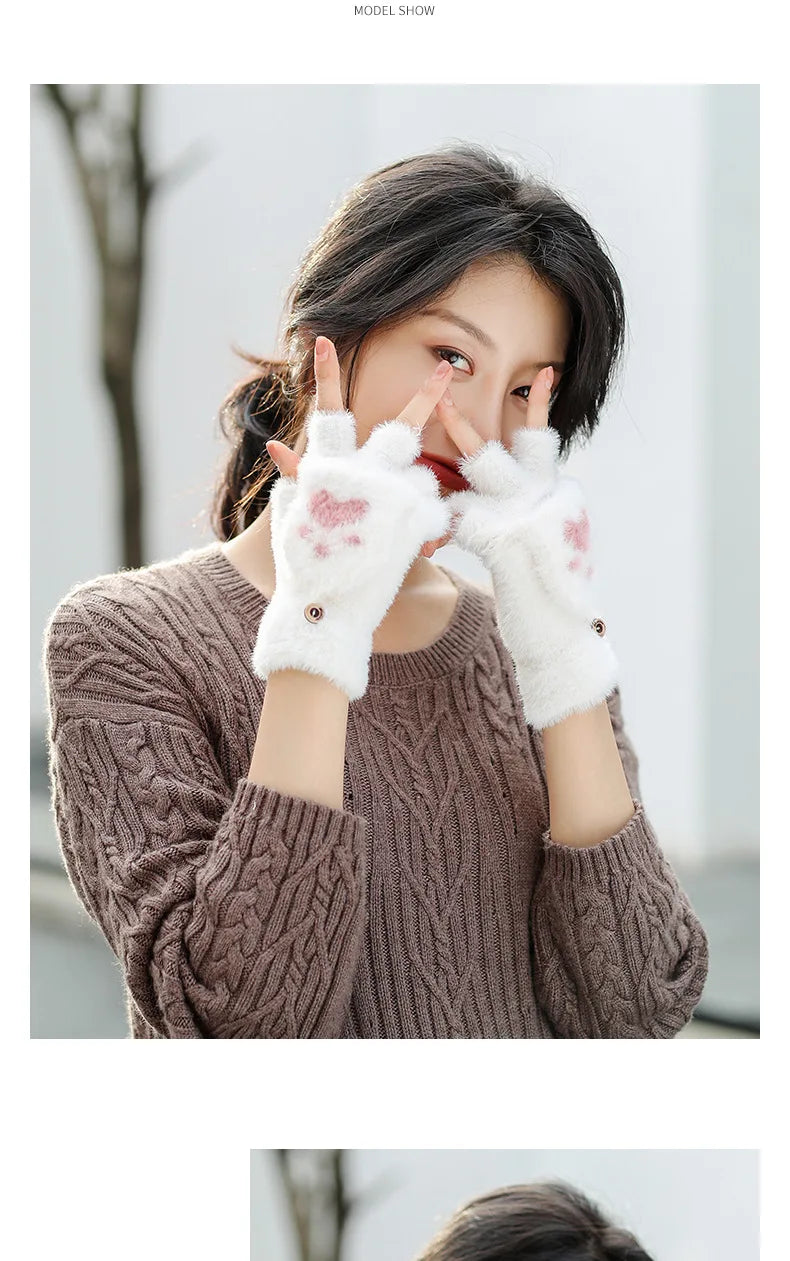 Thicken Women Warm Cat Gloves Fashion Girls Cat Claw Paw Plush Mittens Soft Plush Short Fingerless Half Finger Winter Gloves