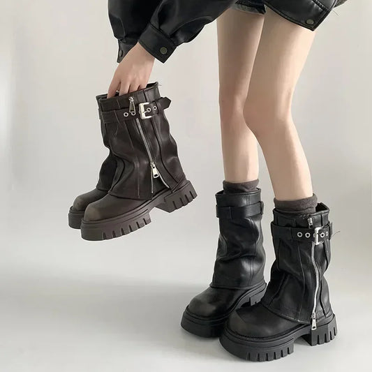 Women's Biker Boots — Belt-Buckle Platform Ankle Booties with Plush Winter Lining — view 1 of boots