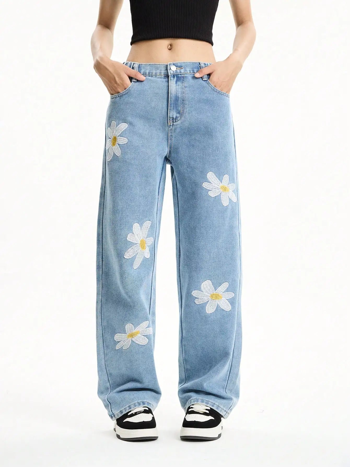 Girls' Light Blue Floral Embroidered Straight-Leg Jeans — Loose Wide-Leg Denim — back view