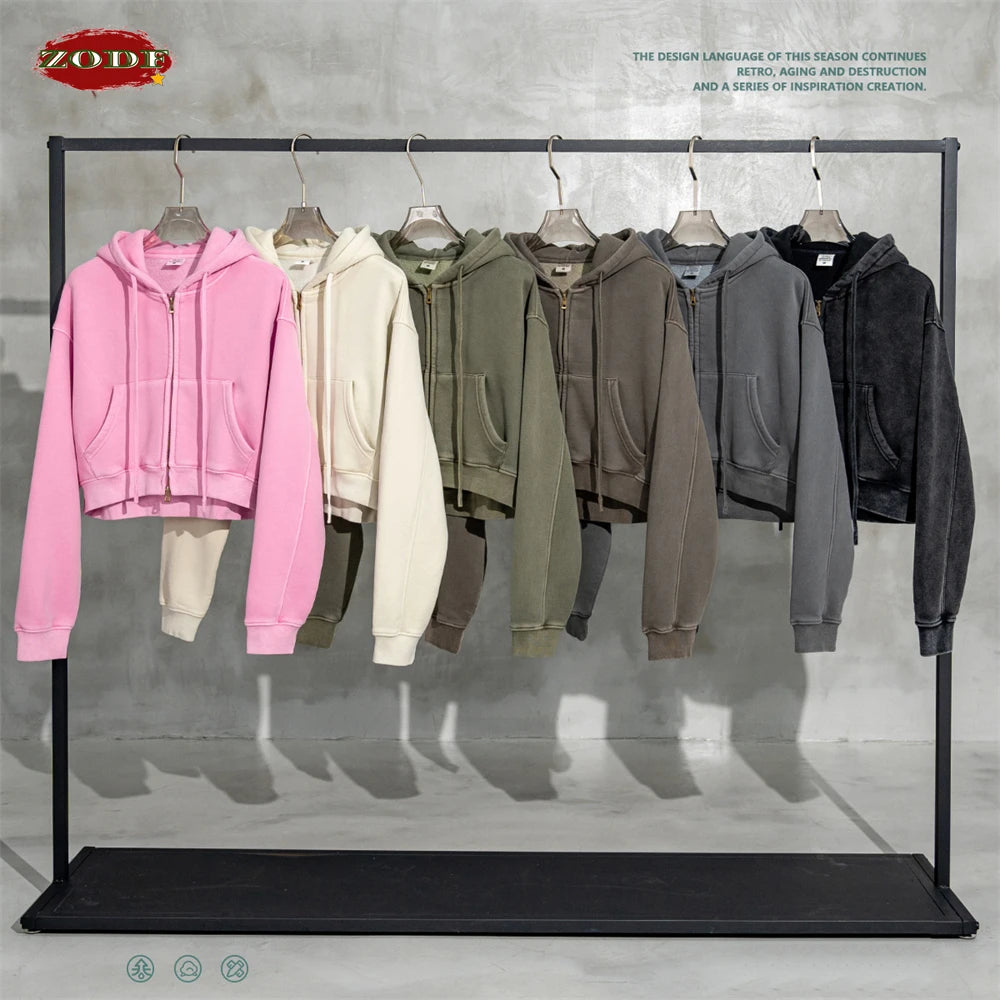 ZODF Retro 2023 Winter Women Short Zipper Hoodies Female Girls Loose 355gsm Thick Fleece Hooded Zip-up Coat Streetwears HY0448