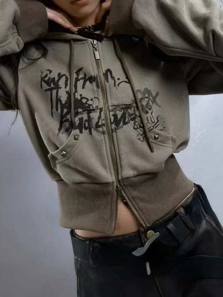 Harajuku Zipper Hoodies Loose Grunge Crop Casual Fashion All Match Streetwear Women Y2k Aesthetic 2024 Vintage Print Sweatshirt