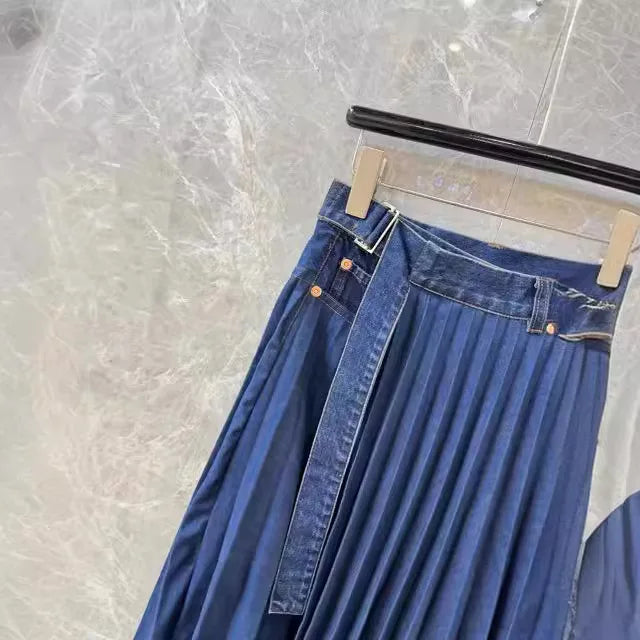 Small minimalist style pleated wash denim design strong A line big swing thin skirt skirt