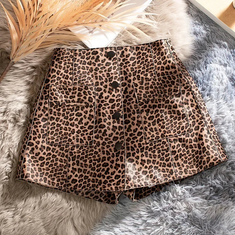 Genuine Leather Shorts Women 2024 Real Sheepskin Short Pants for Women High Waist Shorts Women Leopard Print Flare Short Femmes