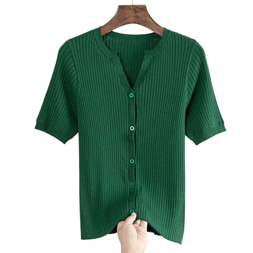 High-end Green V-neck Knitted Sweater for Women 2024 new Summer outfit French light mature style Slimming Short Sleeve Top