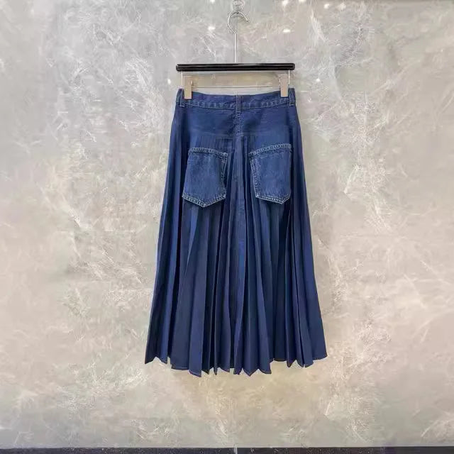 Small minimalist style pleated wash denim design strong A line big swing thin skirt skirt