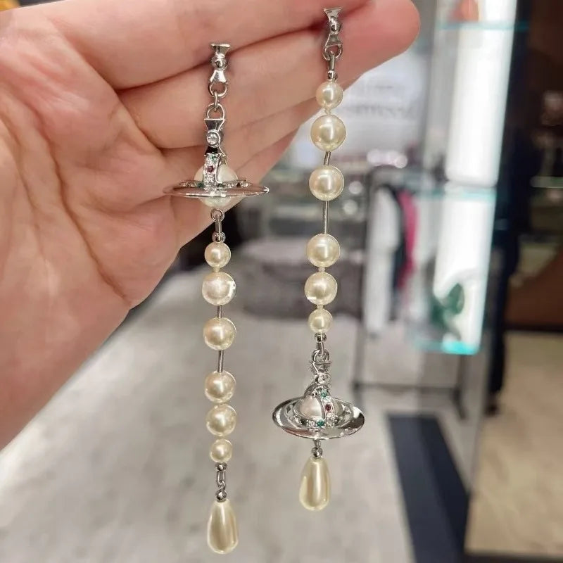 Pearl Saturn Earrings S925 Silver — Queen Retro Inverted European Drop Style — view 2 of earrings