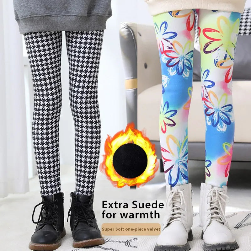 Baby Girls Leggings Winter Warm Plus Velvet Thicken Pants Stretchy Kids Leggings Printing Flower Age 2-12Y