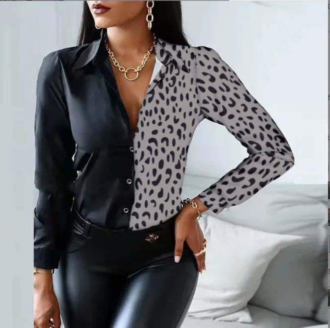 Women casual office printed shirt spring and autumn fashionable button up long sleeved shirt elegant splicing slim fit top women