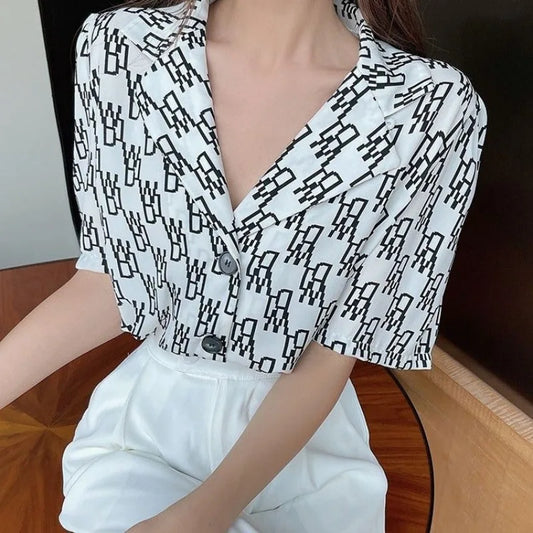 Korean Style Vintage Loose Chiffon Shirt – Notched Collar, Letter Print, Button-Up Short Sleeve