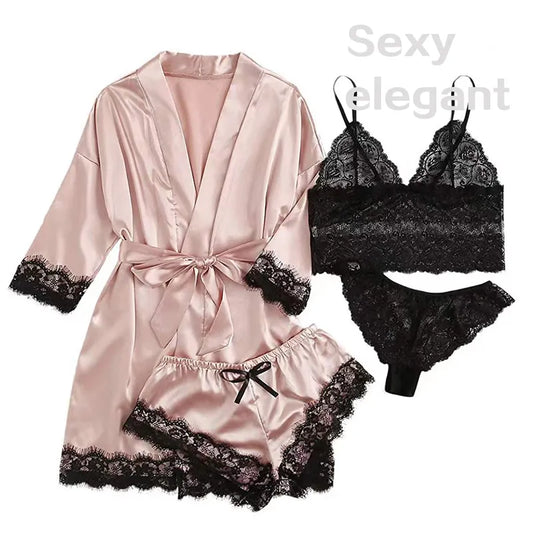 4pcs Women’s Satin Pajamas Set – Sexy Lace Lingerie, Bathrobe & Sleepwear for Home