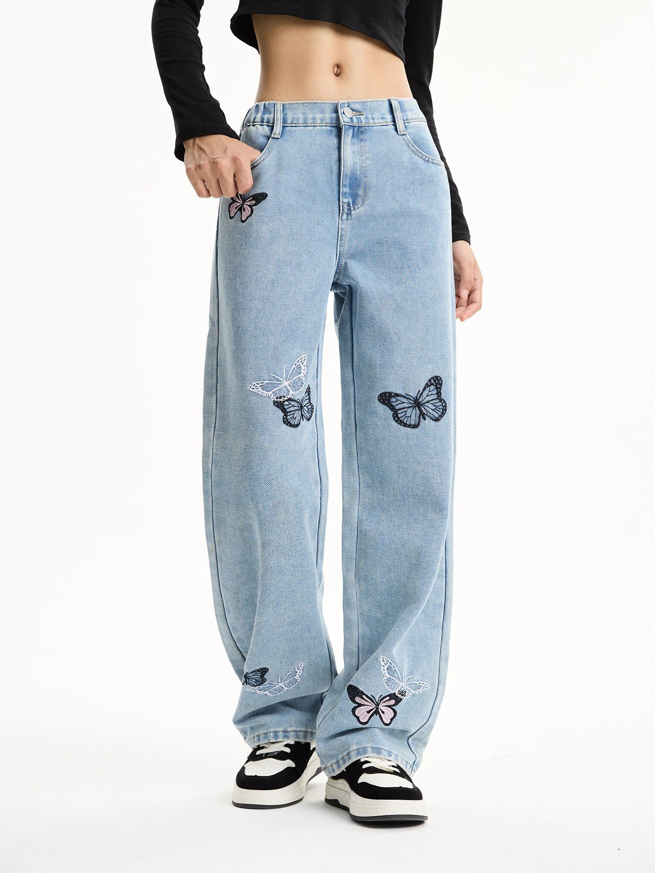 Girls' Y2K Butterfly Embroidered Wide-Leg Jeans — Loose Straight-Leg Denim — variant view 5