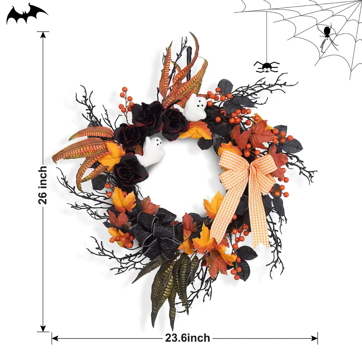 26-Inch Halloween Ghost Wreath for Front Door with Black Roses — product photo 2