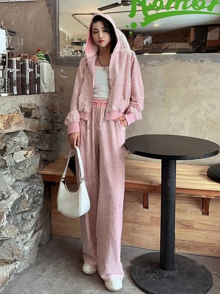 Women New Spring Sportswear Long Sleeve Zipper Sequined Hooded Jacket High Waist Straight Pants Running Tracksuit Two Piece Set