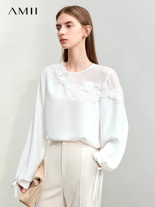 AMII Minimalism Women’s Chiffon Blouse – Elegant Lace Pearl Reveal Shoulder Strap Long-Sleeve Top for Spring 2025