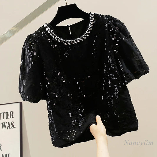 Short Sleeve Pullover Blouse for Women New Korean Style Chiffon Shirt Summer Sequins Rhinestone Beaded Round Neck Top 2024