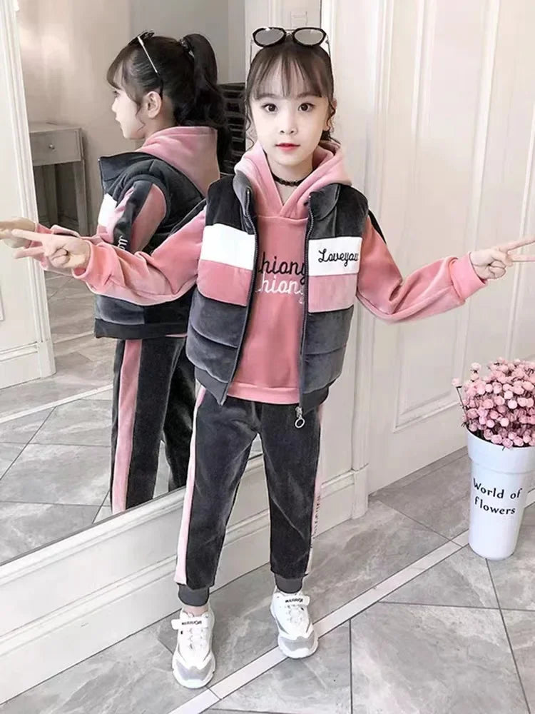 2024 winter girls tracksuit Autumn Toddler Teenager Clothes velvet jacket vest + hooded + strip Pant Children Kids 8 10 12 year