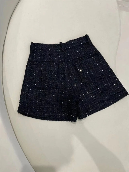 Women's Sequins Black Tweed Shorts 2024 Autumn and Winter New Ladies High Waist Slim Short Pants