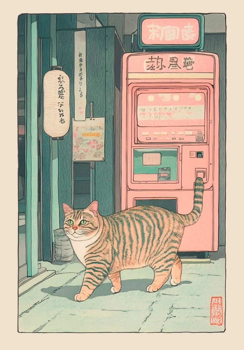 Japanese Tabby Cat in Bathtub Canvas Poster &mdash; Retro Japandi Wall Art for Bathroom &amp; Home — view 12 of wall art & prints